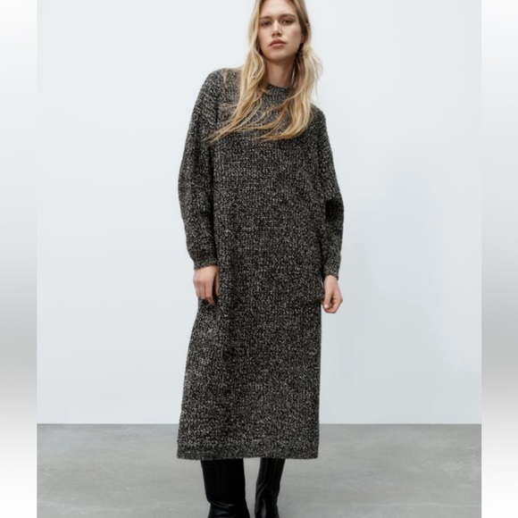 NWT ZARA BLACK WHITE KNIT SWEATER MIDI DRESS SZ S - Picture 1 of 3